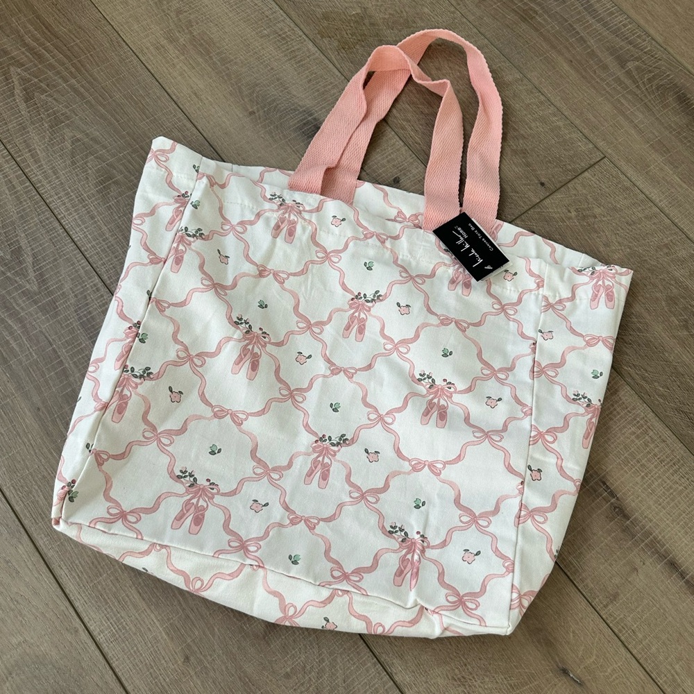 Viral Ballet Coquette Pink Bow Floral Reusable Canvas Shopper Tote Bag NWT